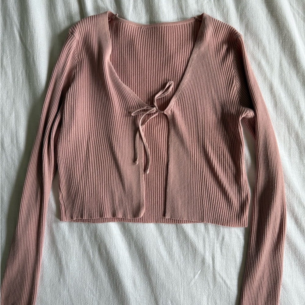 Women's Pink Ribbed Tie-Front Top